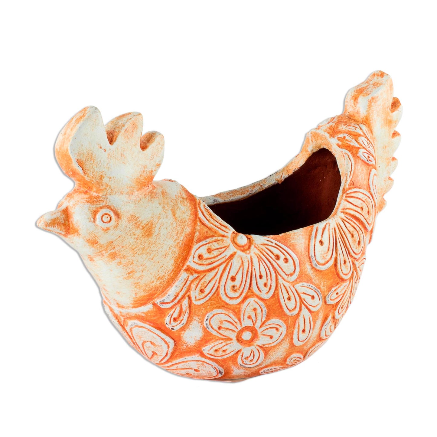 Roosting Ginger Hen Handcrafted Ceramic Orange Hen Flower Pot from El Salvador