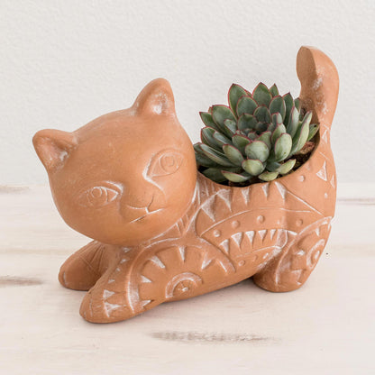 Kitty Cat Stretches Salvadoran Brown Cat Theme Ceramic Flower Pot