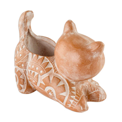 Kitty Cat Stretches Salvadoran Brown Cat Theme Ceramic Flower Pot