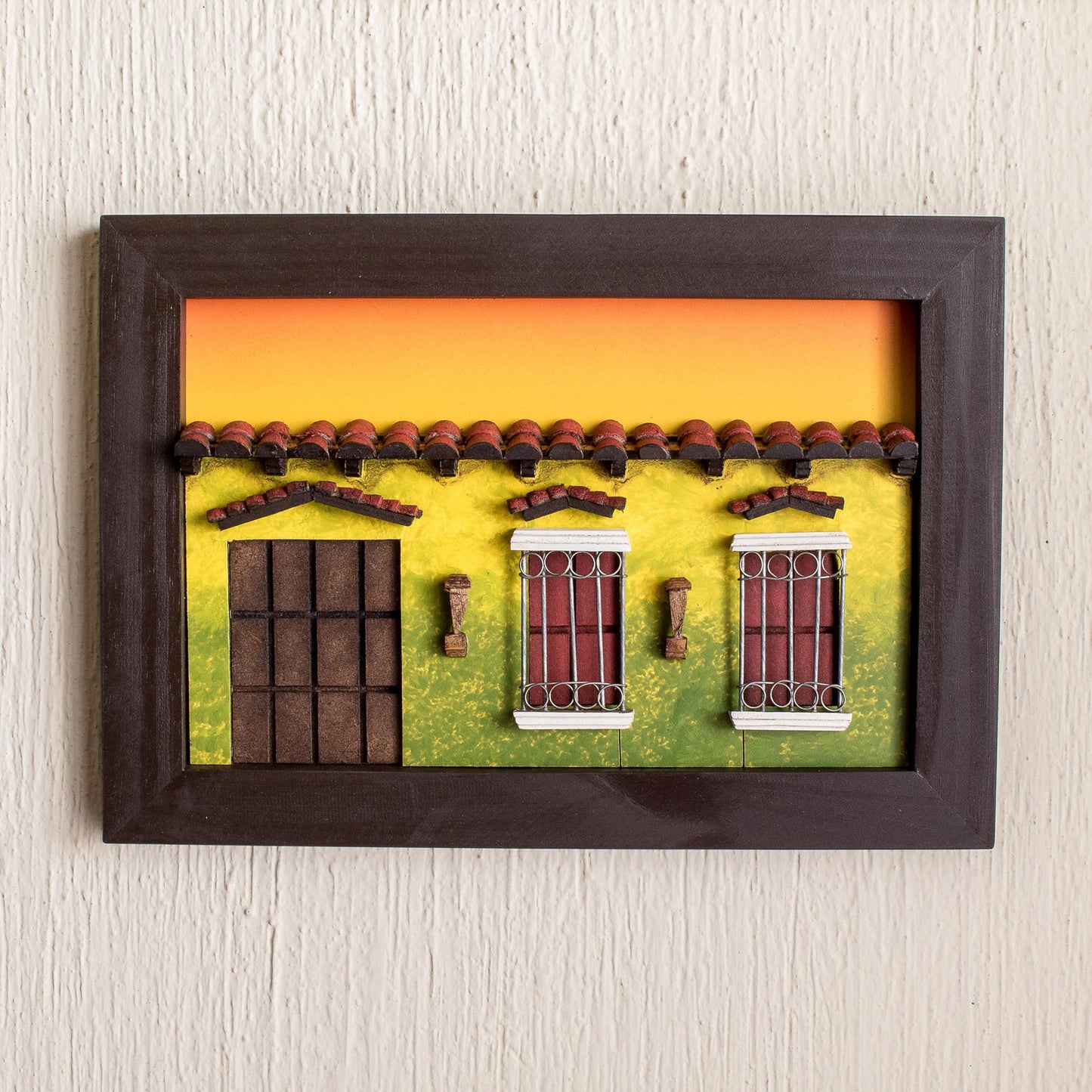 El Salvador Memories Framed Wood Low Relief Traditional Home Façade Diorama