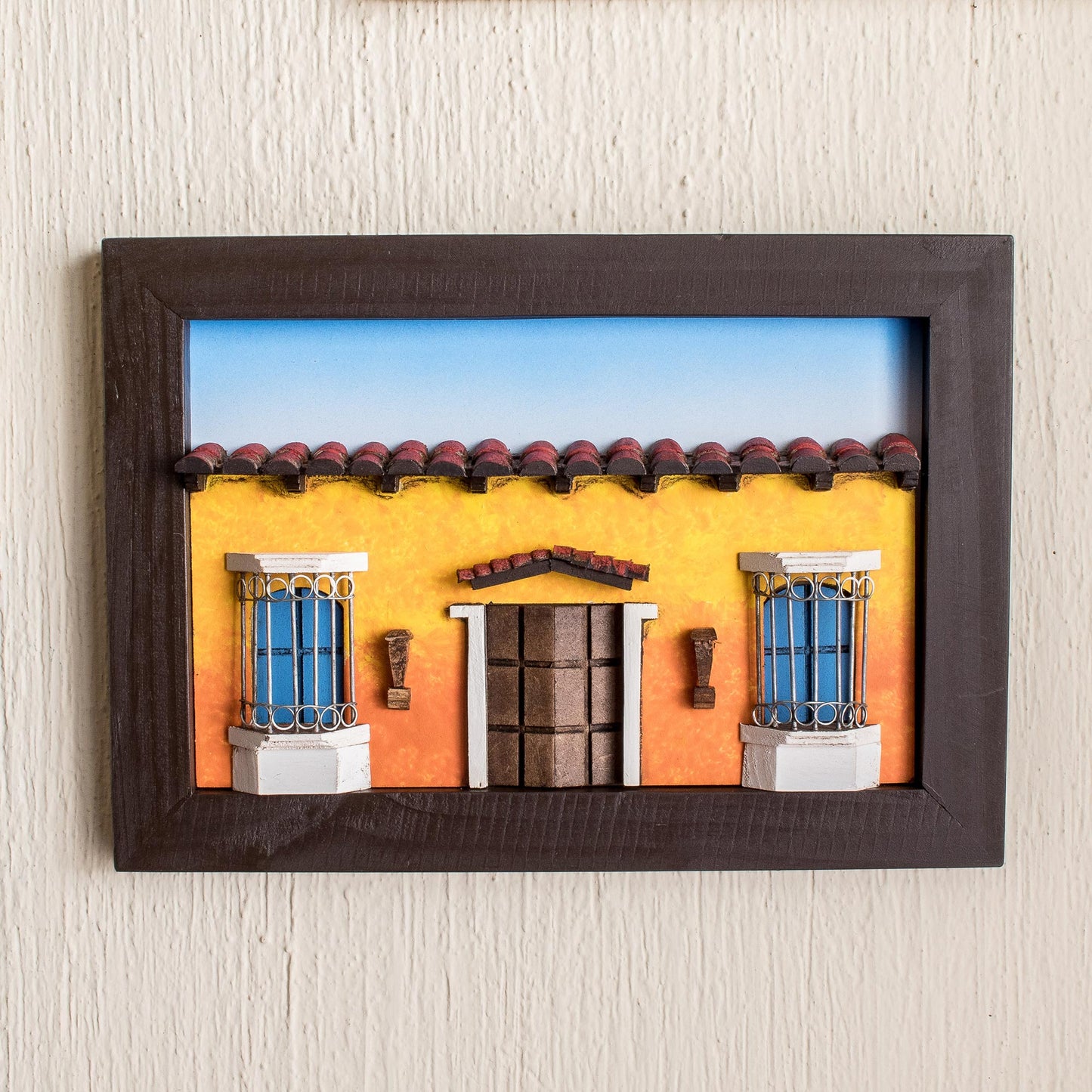 Sweet Salvadoran Home Framed Wood Low Relief Yellow House Facade Diorama