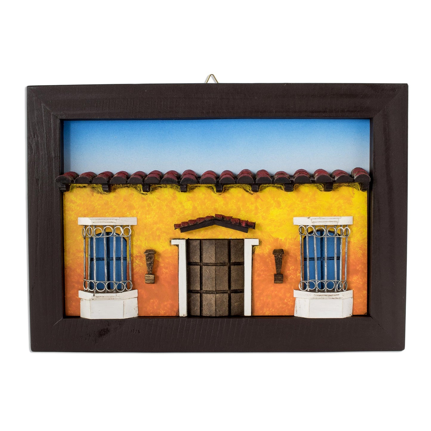 Sweet Salvadoran Home Framed Wood Low Relief Yellow House Facade Diorama