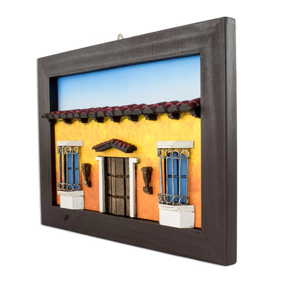 Sweet Salvadoran Home Framed Wood Low Relief Yellow House Facade Diorama