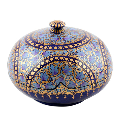 Kashmir Indigo Hand Painted Papier Mache Decorative Round Box