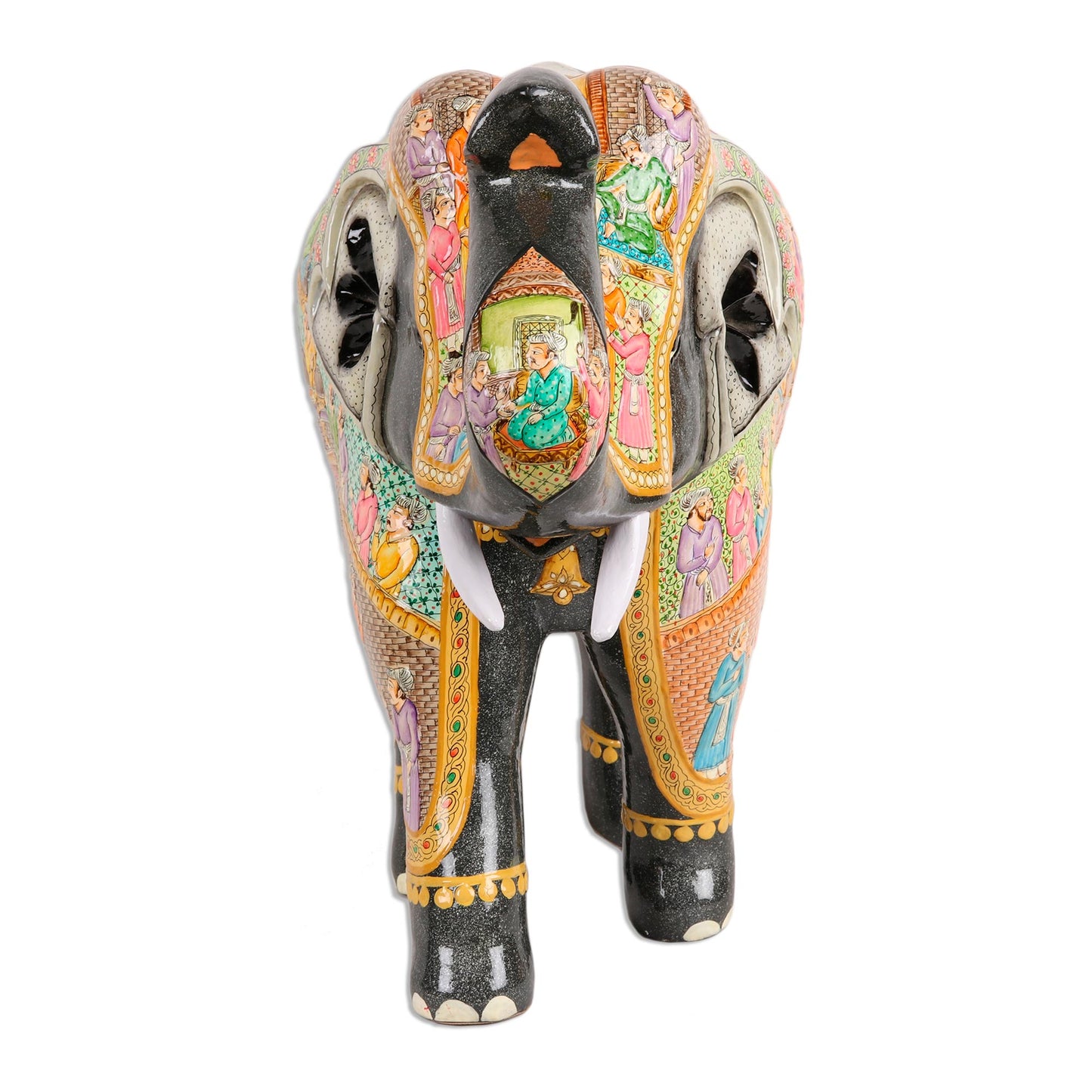 Mughal Elephant Hand Painted Papier Mache Elephant Sculpture (14 Inch)