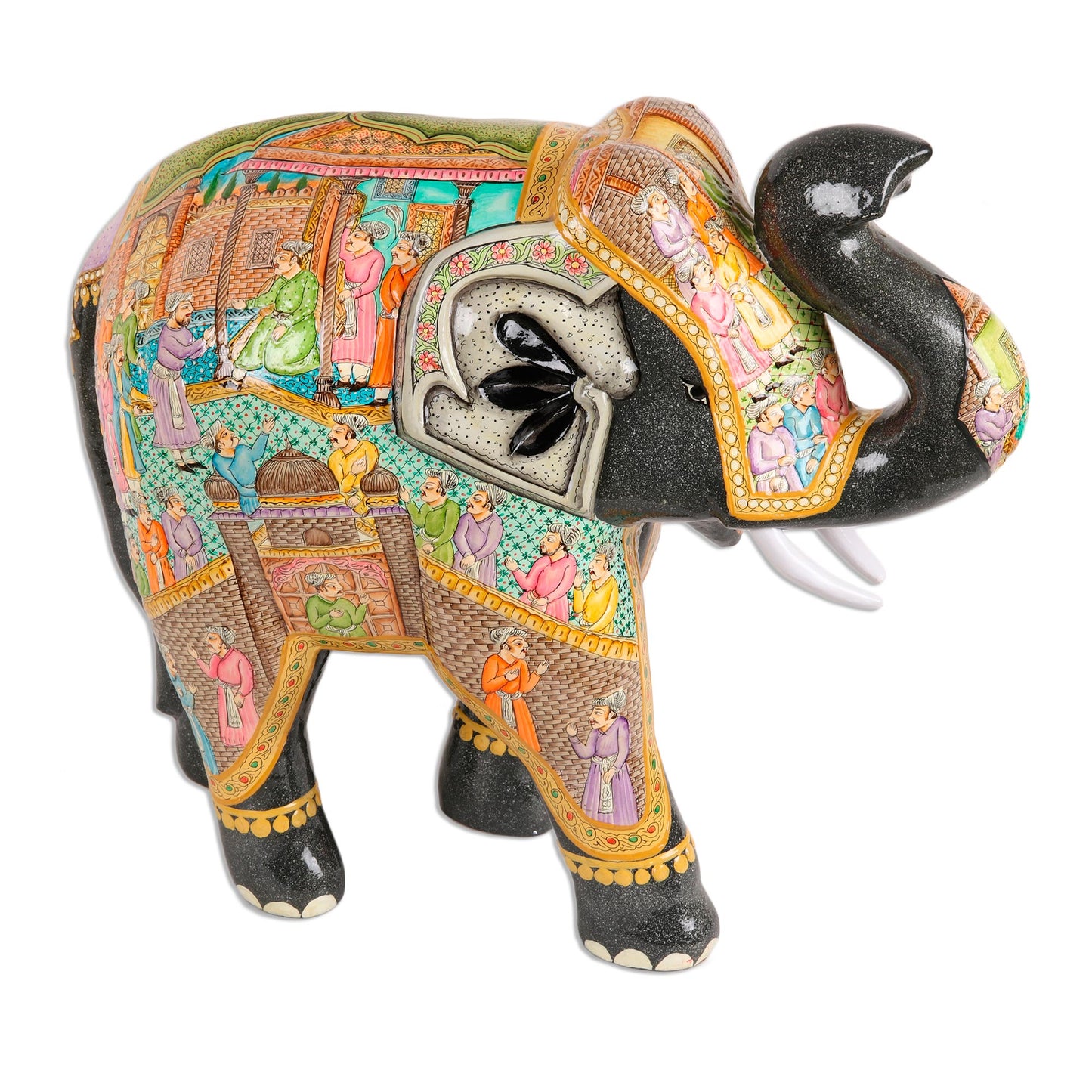 Mughal Elephant Hand Painted Papier Mache Elephant Sculpture (14 Inch)