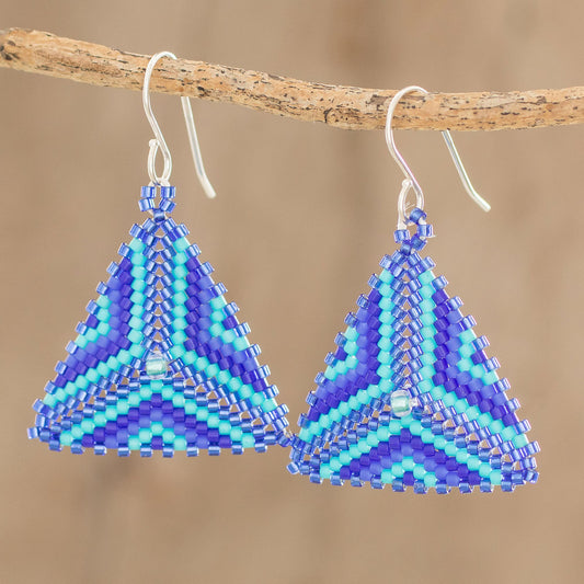 Tribal Triangles Triangular Glass Beaded Dangle Earrings in Blue