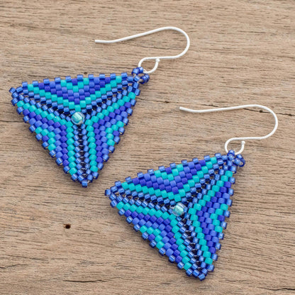 Tribal Triangles Triangular Glass Beaded Dangle Earrings in Blue