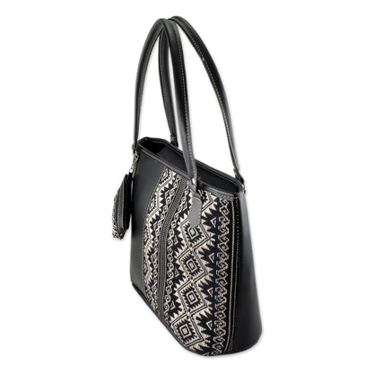 Feminine Subtlety in Black Black and Beige Cotton and Faux Leather Shoulder Bag