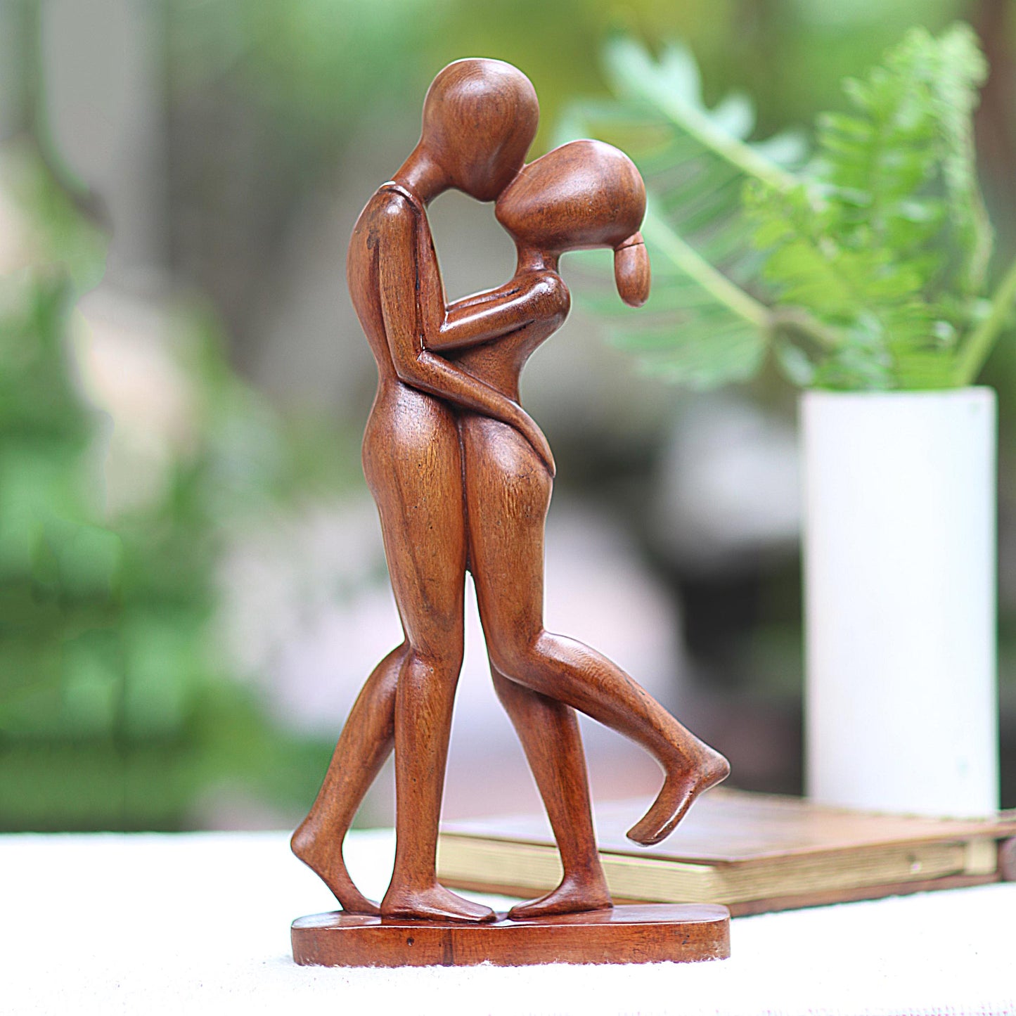 Lover's Kiss Hand-Carved Romantic Suar Wood Sculpture from Bali