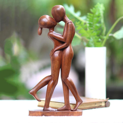 Lover's Kiss Hand-Carved Romantic Suar Wood Sculpture from Bali