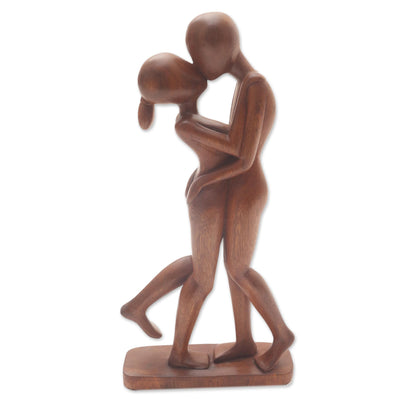 Lover's Kiss Hand-Carved Romantic Suar Wood Sculpture from Bali