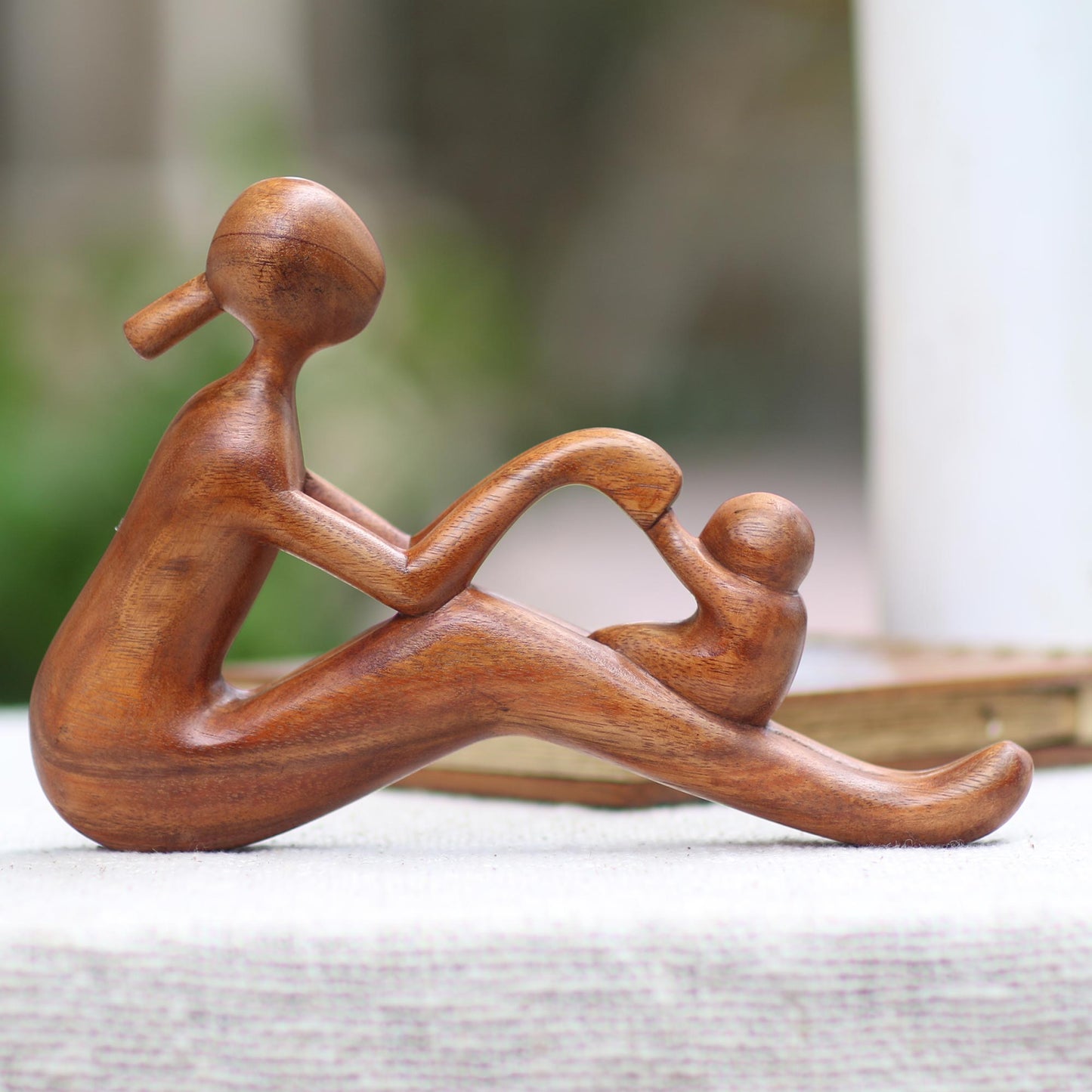 Mom and Infant Natural Suar Wood Mother and Child Sculpture from Bali