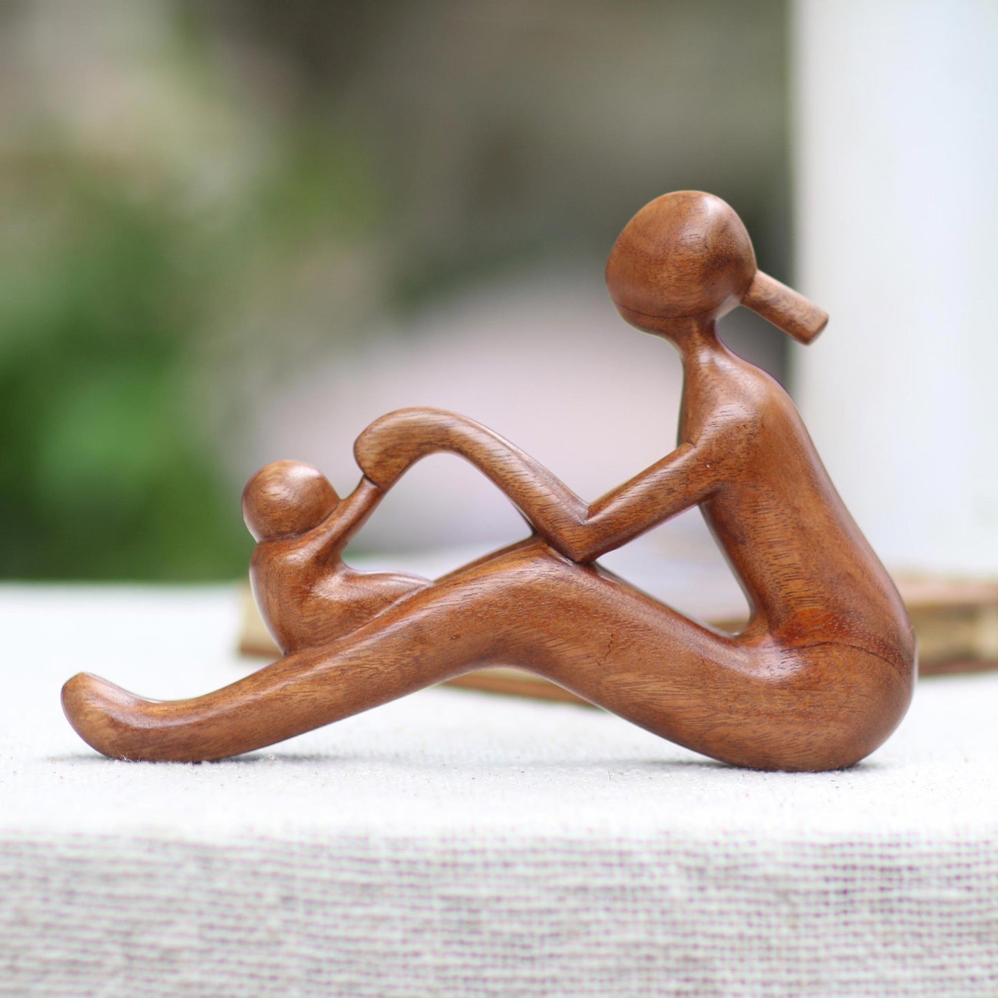 Mom and Infant Natural Suar Wood Mother and Child Sculpture from Bali