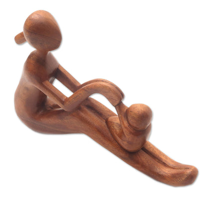 Mom and Infant Natural Suar Wood Mother and Child Sculpture from Bali