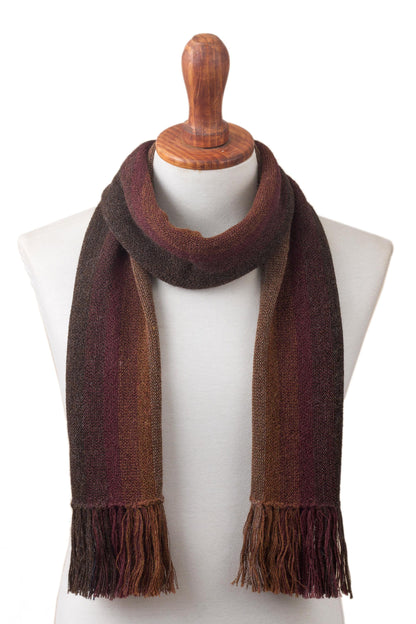 Outcropping Stripes Shades of Brown Burgundy and Blue 100% Alpaca Knit Scarf