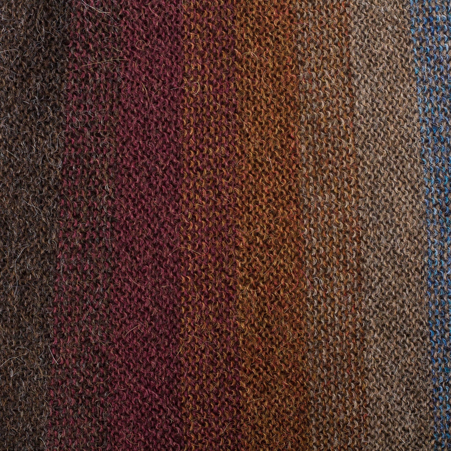 Outcropping Stripes Shades of Brown Burgundy and Blue 100% Alpaca Knit Scarf