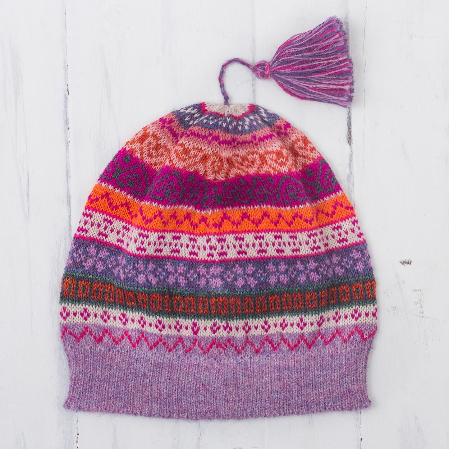 Inca Blooms Lilac and Fuchsia and Milk White 100% Alpaca Knit Hat