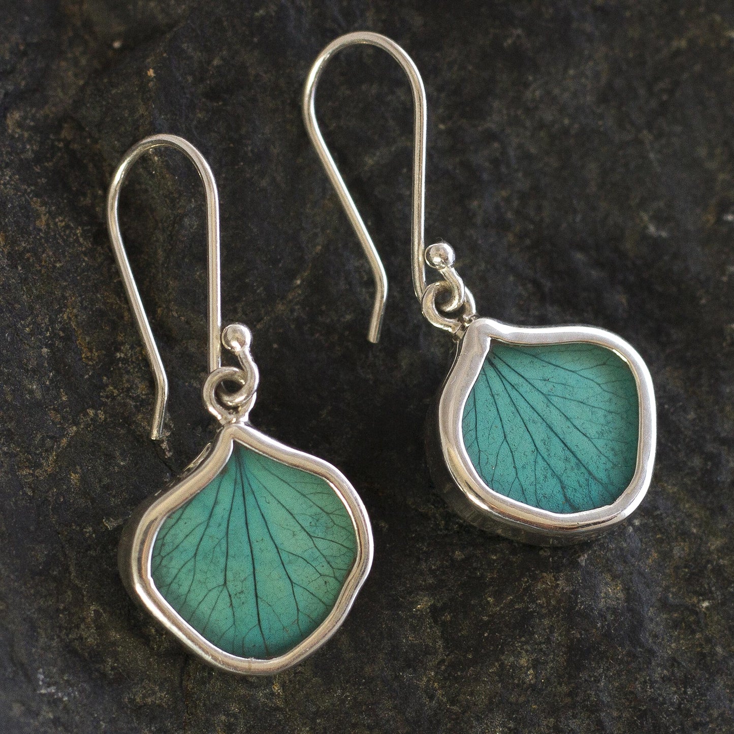 Turquoise Leaf Drops Andean Handmade Sterling Silver Turquoise Leaf Earrings