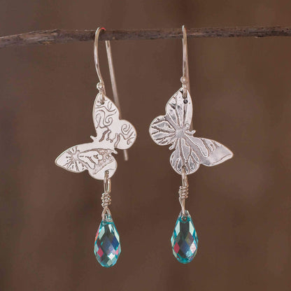 Iridescent Butterfly Sterling Silver Butterfly' Earrings with Blue Cubic Zirconia