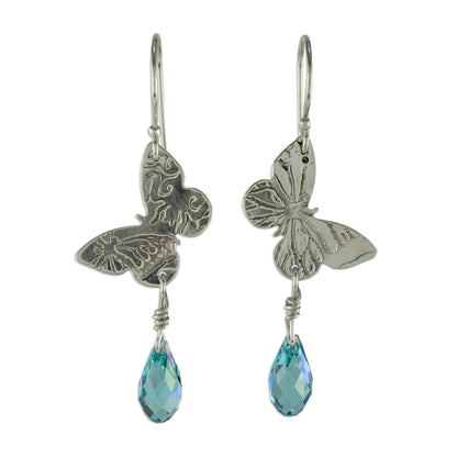 Iridescent Butterfly Sterling Silver Butterfly' Earrings with Blue Cubic Zirconia