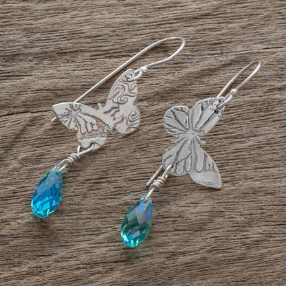 Iridescent Butterfly Sterling Silver Butterfly' Earrings with Blue Cubic Zirconia