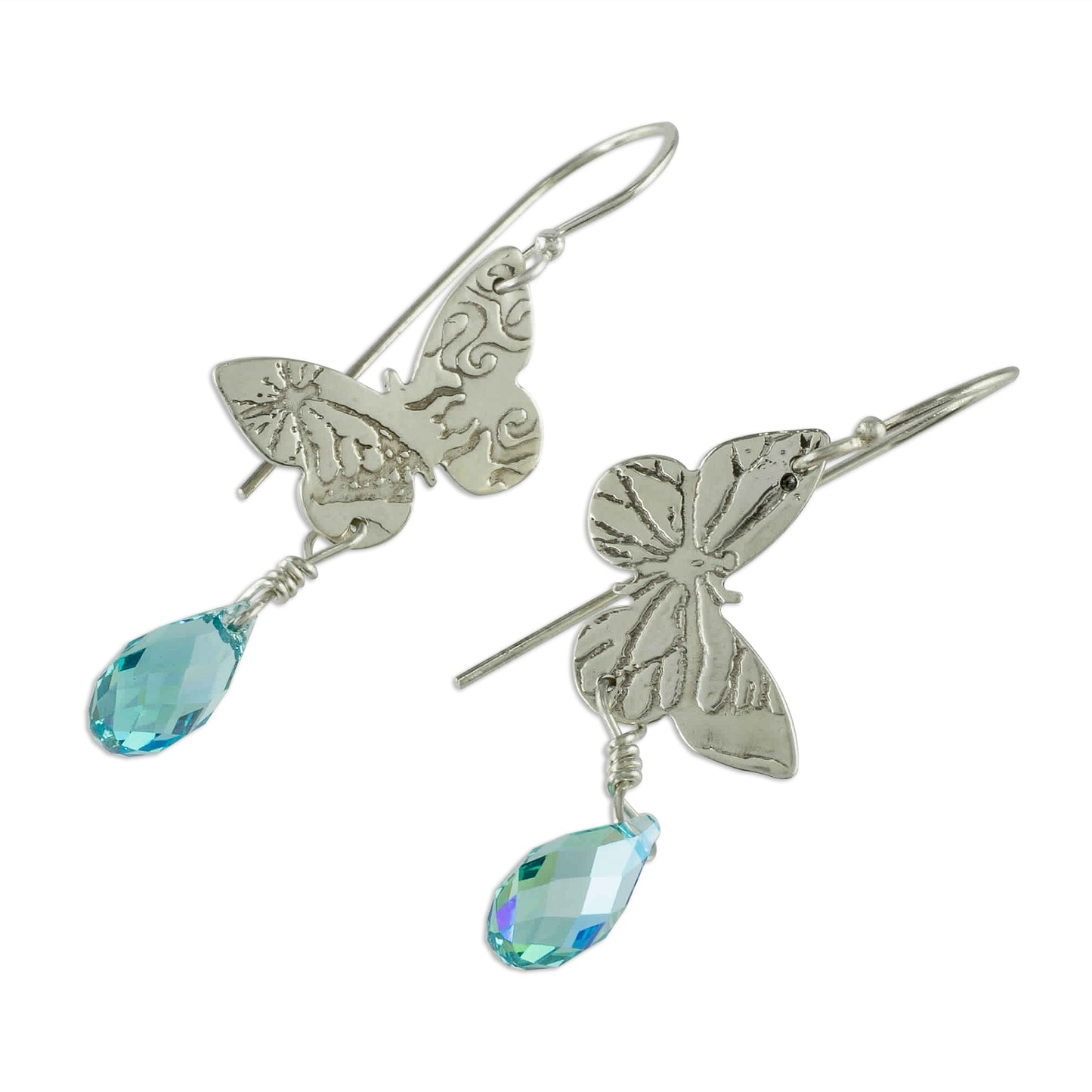 Iridescent Butterfly Sterling Silver Butterfly' Earrings with Blue Cubic Zirconia