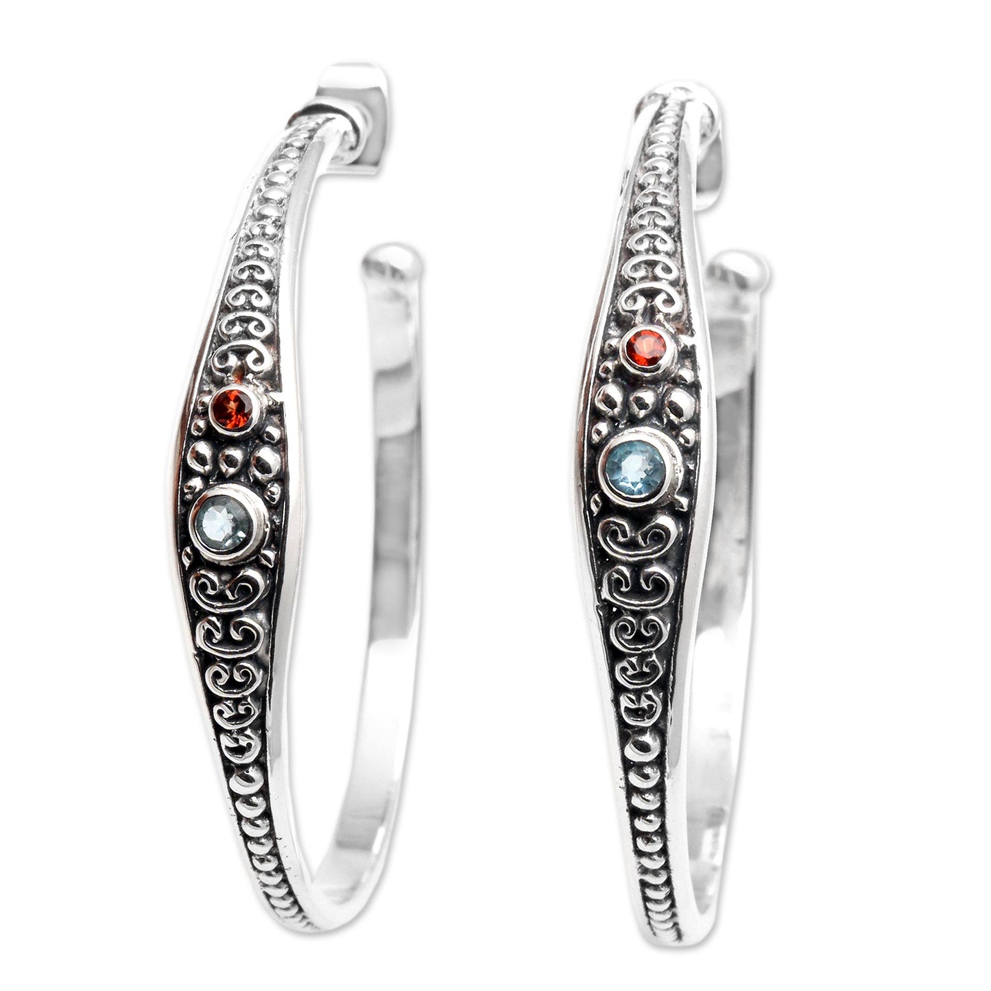 Majestic Air Blue Topaz and Garnet Sterling Silver Half Hoop Earrings