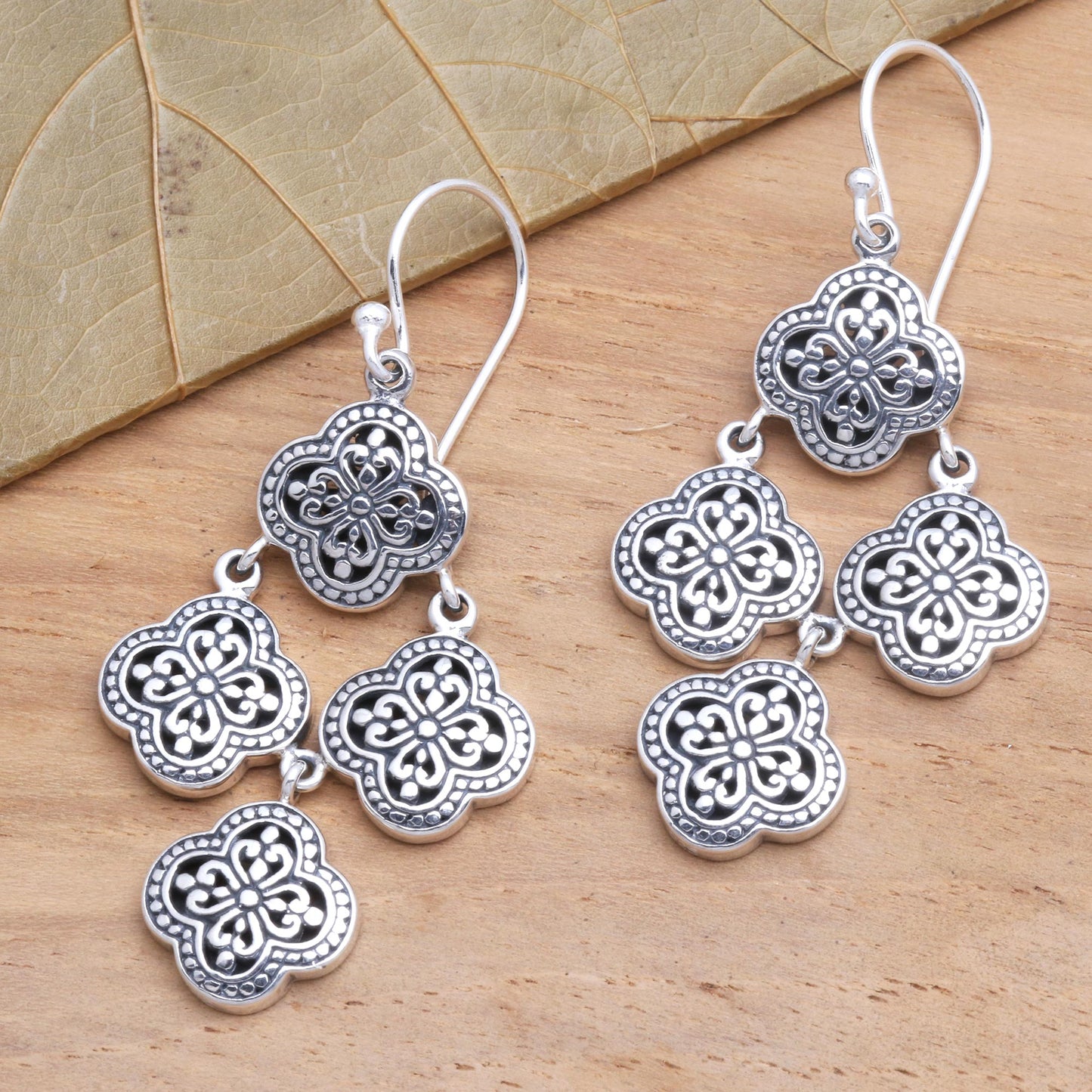 Four-Petaled Flowers Sterling Silver Chandelier Earrings from Bali