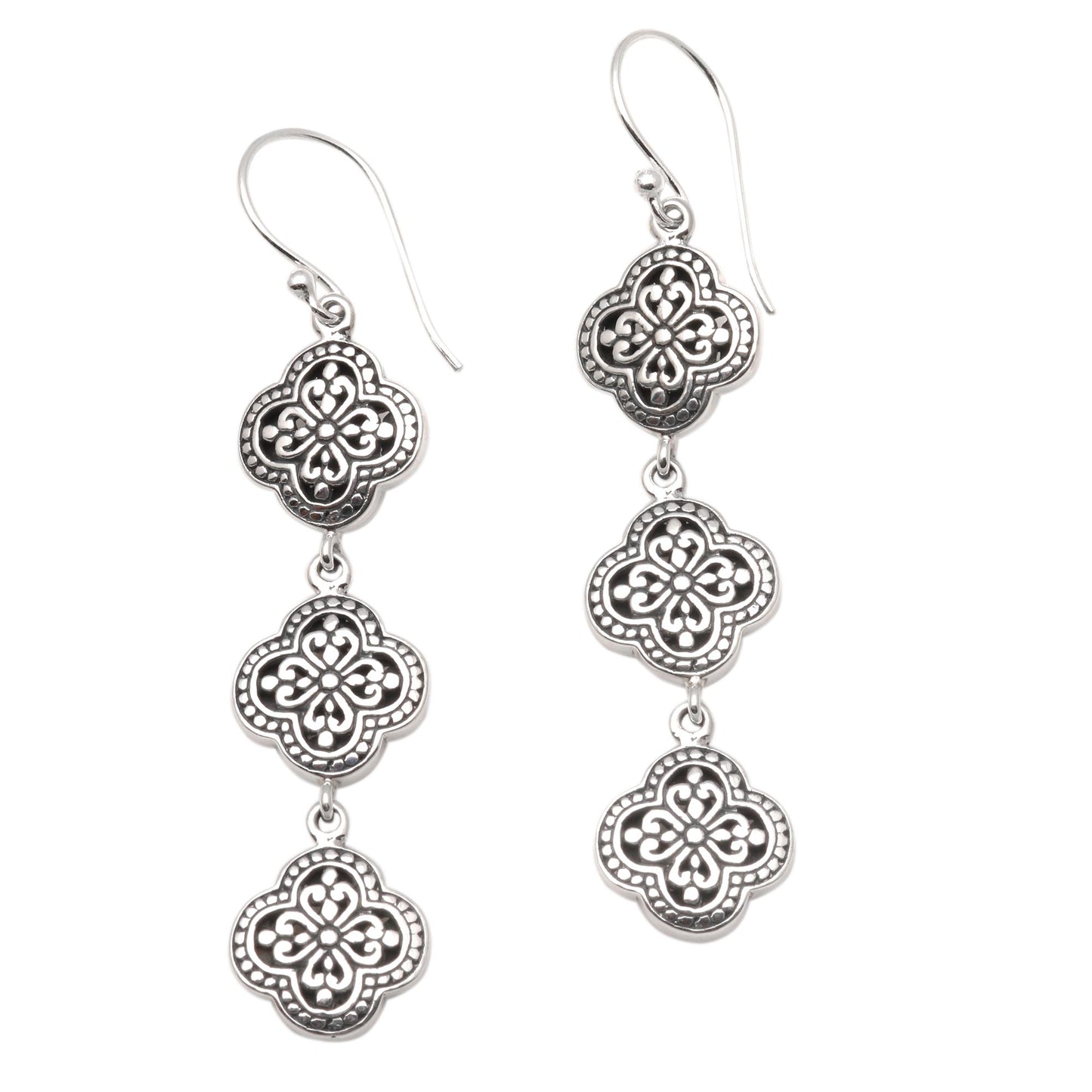 Four-Petaled Flowers Artisan Crafted Sterling Silver Dangle Earrings