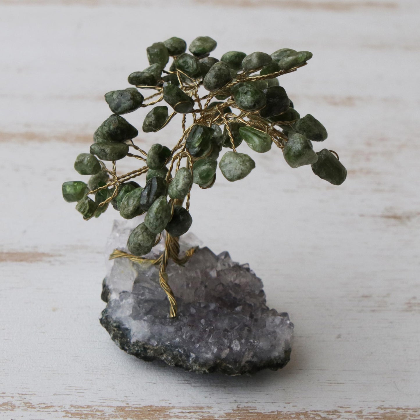 Nature at Peace Diopside and Amethyst Brazilian Mini Gemstone Tree Sculpture