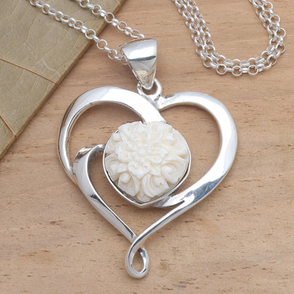 Blossoming Love Floral Theme Sterling Silver and Carved Bone Heart Necklace