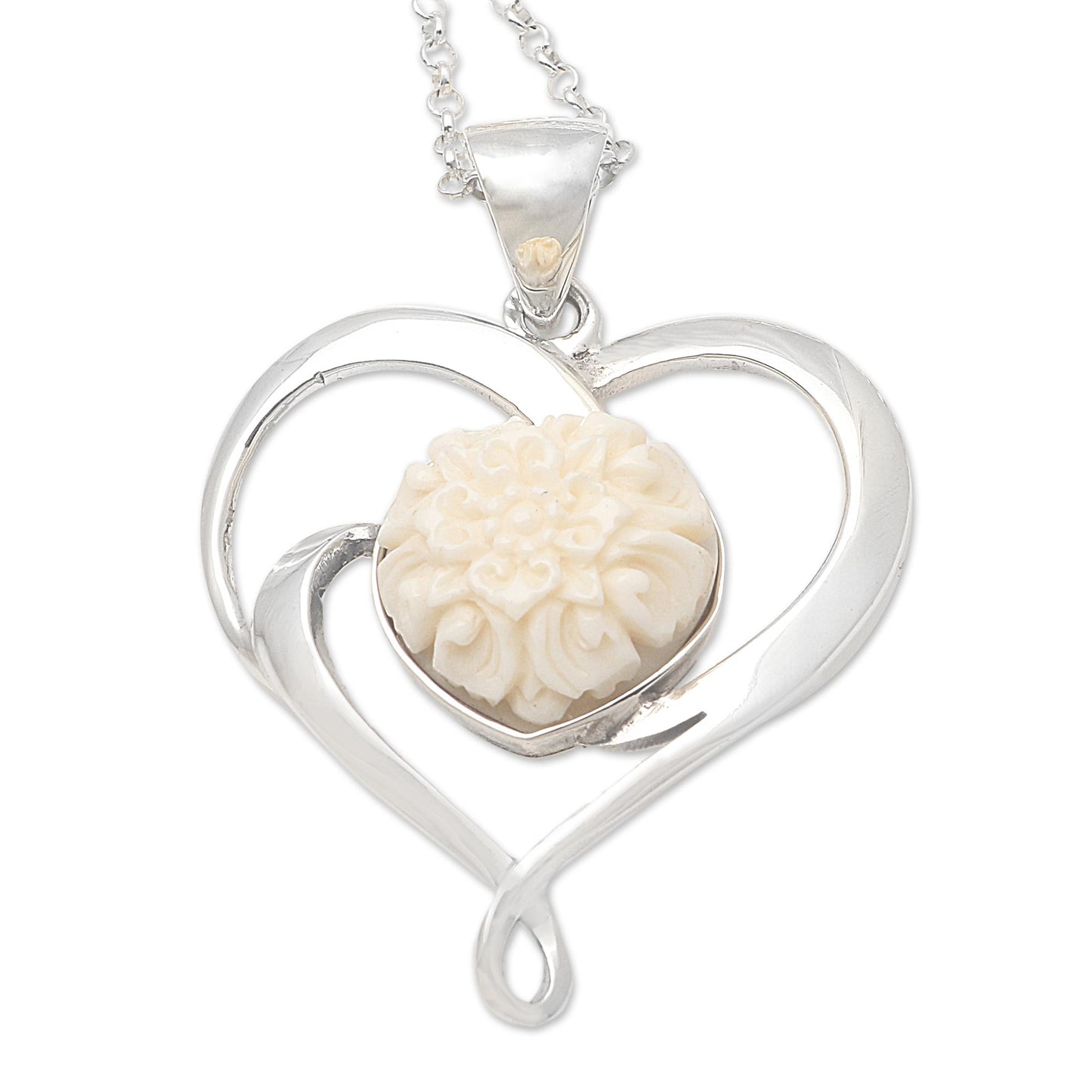 Blossoming Love Floral Theme Sterling Silver and Carved Bone Heart Necklace