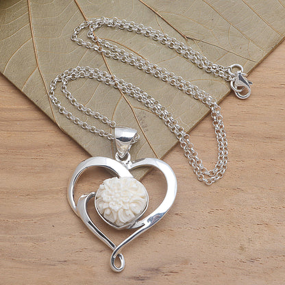 Blossoming Love Floral Theme Sterling Silver and Carved Bone Heart Necklace