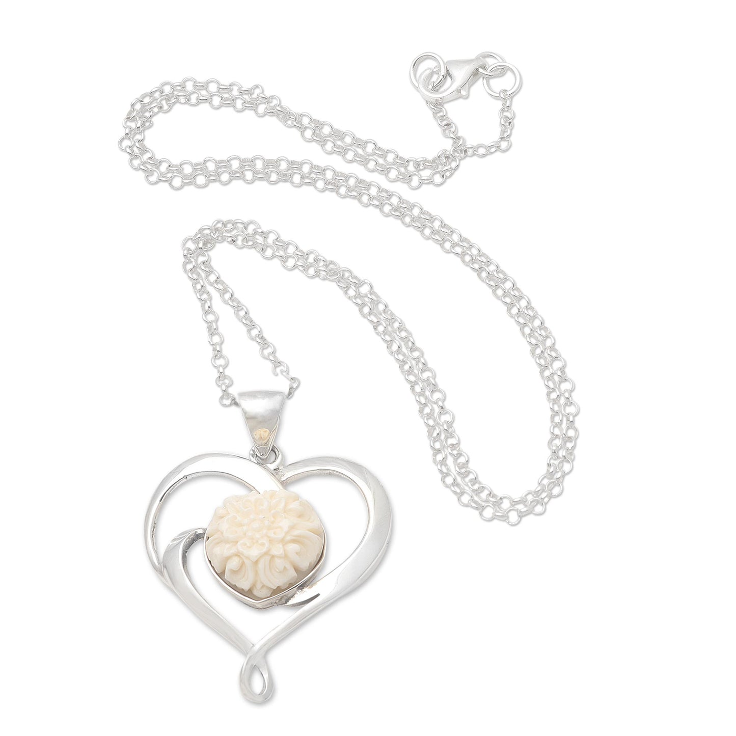 Blossoming Love Floral Theme Sterling Silver and Carved Bone Heart Necklace