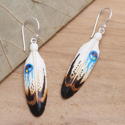 Fanciful Feathers Handcrafted Carved Bone Painted Feather Theme Earrings