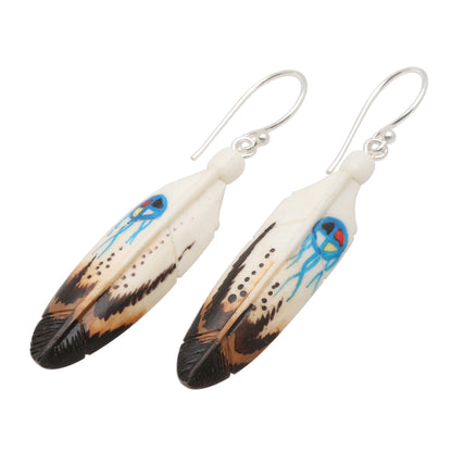 Fanciful Feathers Handcrafted Carved Bone Painted Feather Theme Earrings