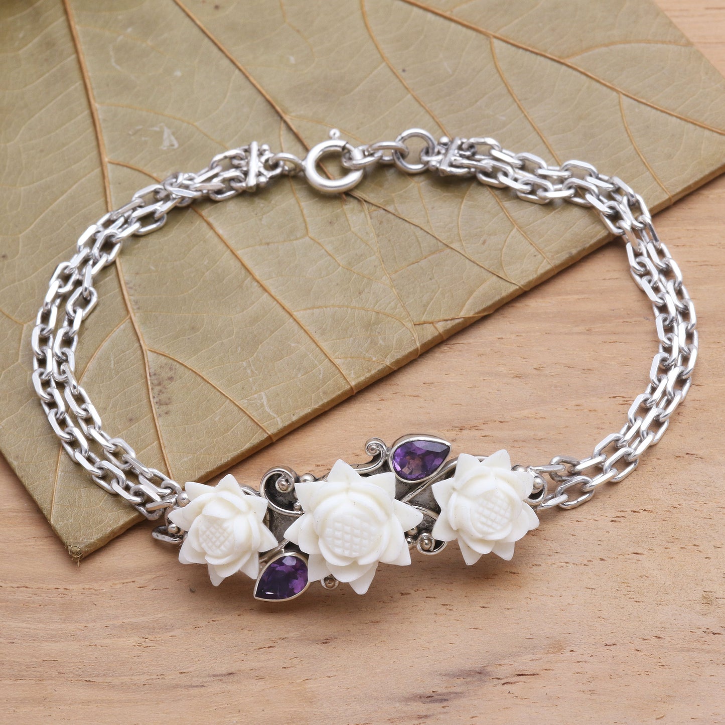 Ivory Lotus Silver and Amethyst Bracelet with Carved Bone Flowers