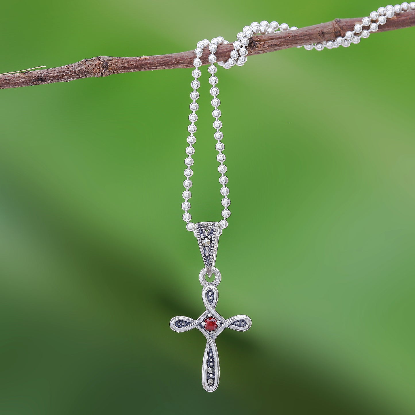 Salvation Promise Sterling Silver Cross Necklace with Garnet and Marcasite