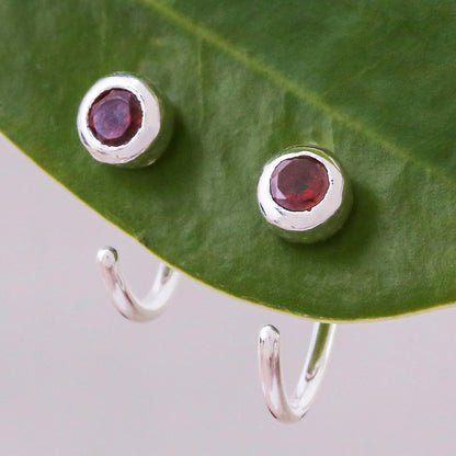 Back to Front Petite Thai Sterling Silver Half Hoop Earrings with Garnets