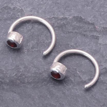 Back to Front Petite Thai Sterling Silver Half Hoop Earrings with Garnets