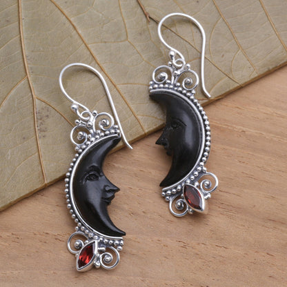 Dark Crescent Moon Silver and Garnet Moon Earrings with Water Buffalo Horn