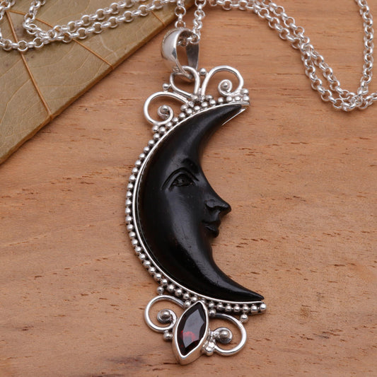 Dark Crescent Moon Silver and Garnet Moon Necklace with Water Buffalo Horn