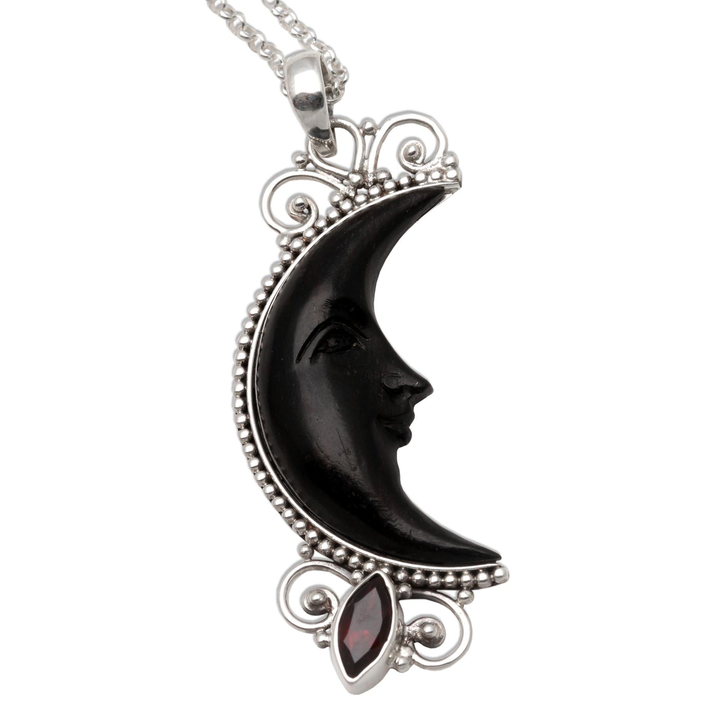 Dark Crescent Moon Silver and Garnet Moon Necklace with Water Buffalo Horn