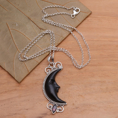 Dark Crescent Moon Silver and Garnet Moon Necklace with Water Buffalo Horn