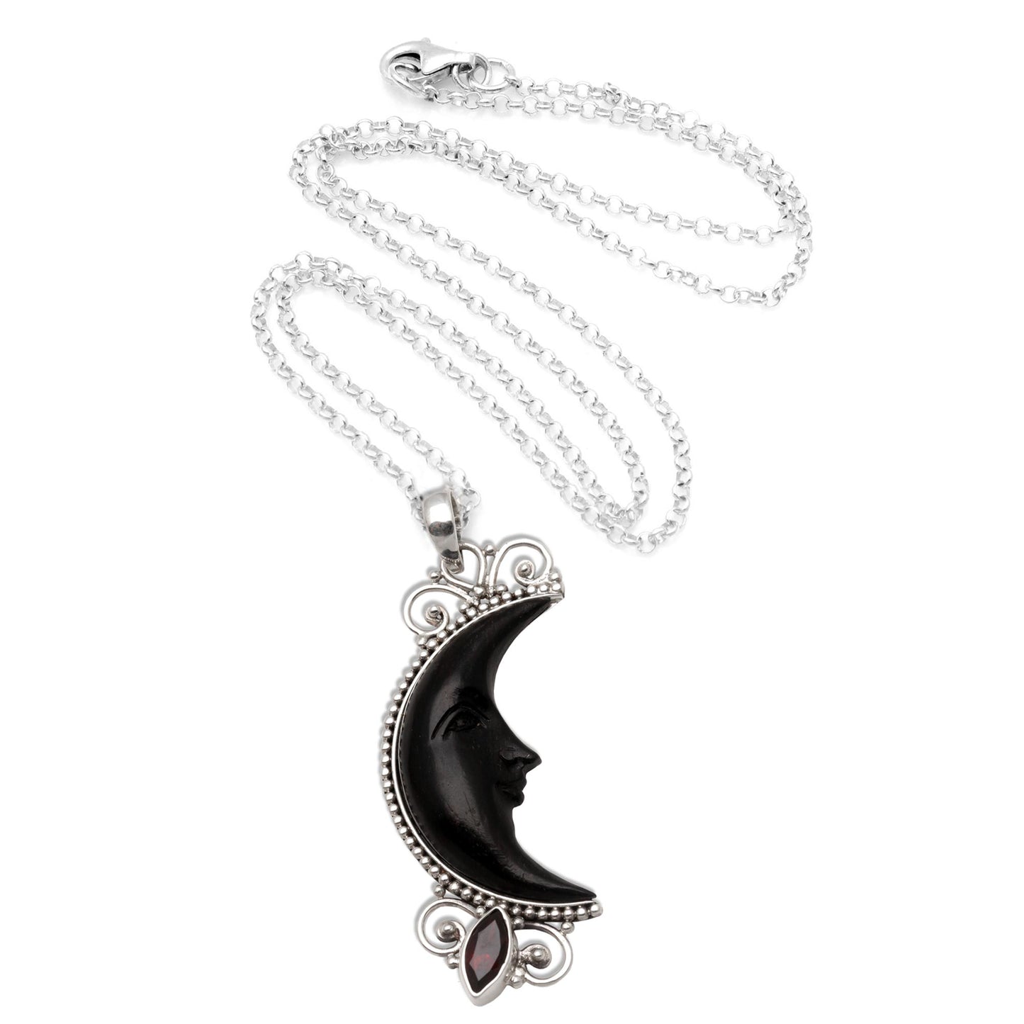 Dark Crescent Moon Silver and Garnet Moon Necklace with Water Buffalo Horn