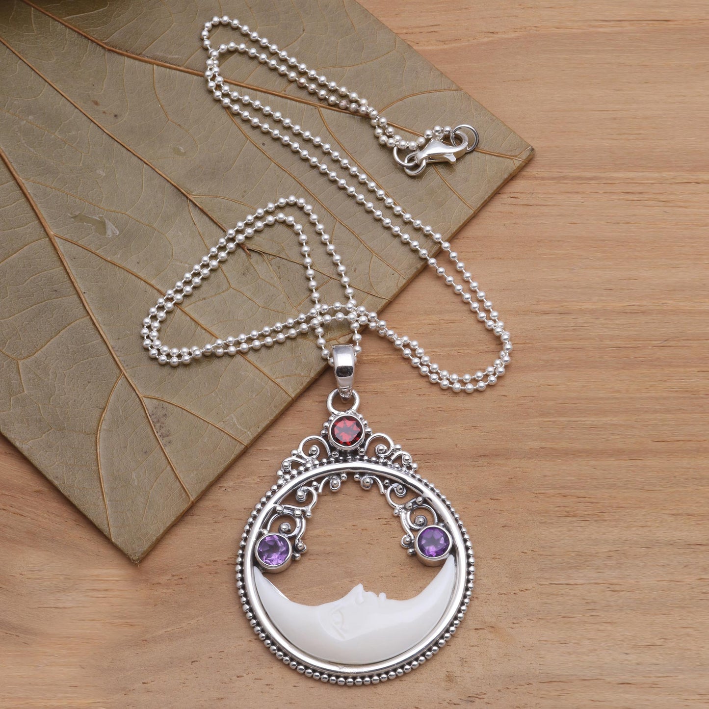 Peaceful Evening Moon Pendant Necklace with Amethyst and Garnet