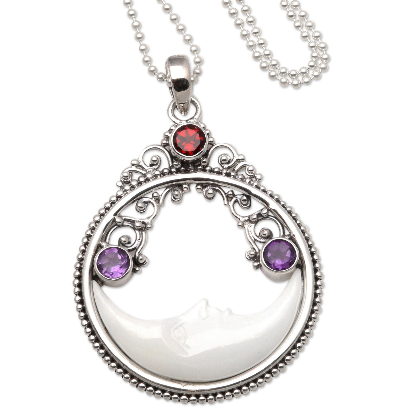 Peaceful Evening Moon Pendant Necklace with Amethyst and Garnet