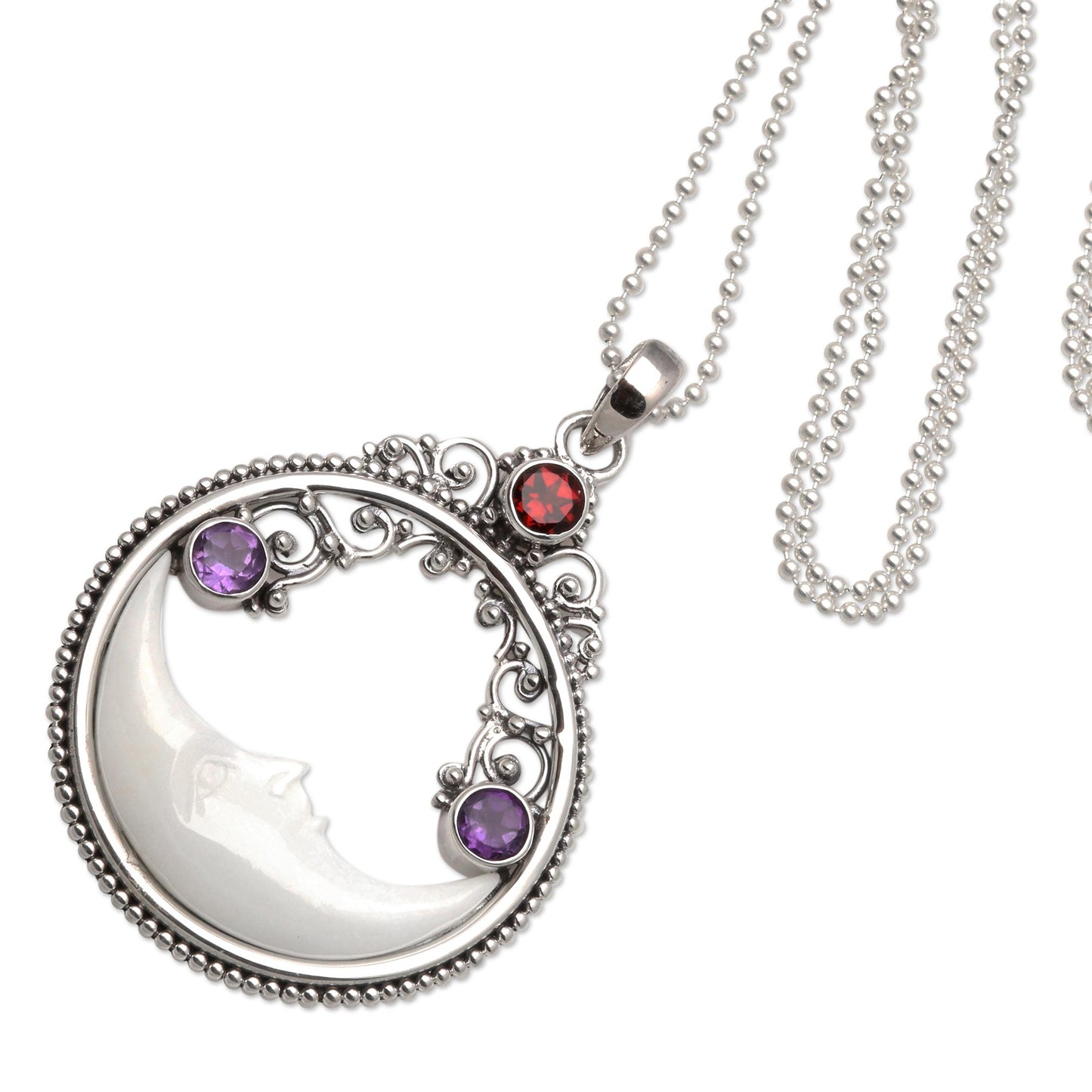 Peaceful Evening Moon Pendant Necklace with Amethyst and Garnet