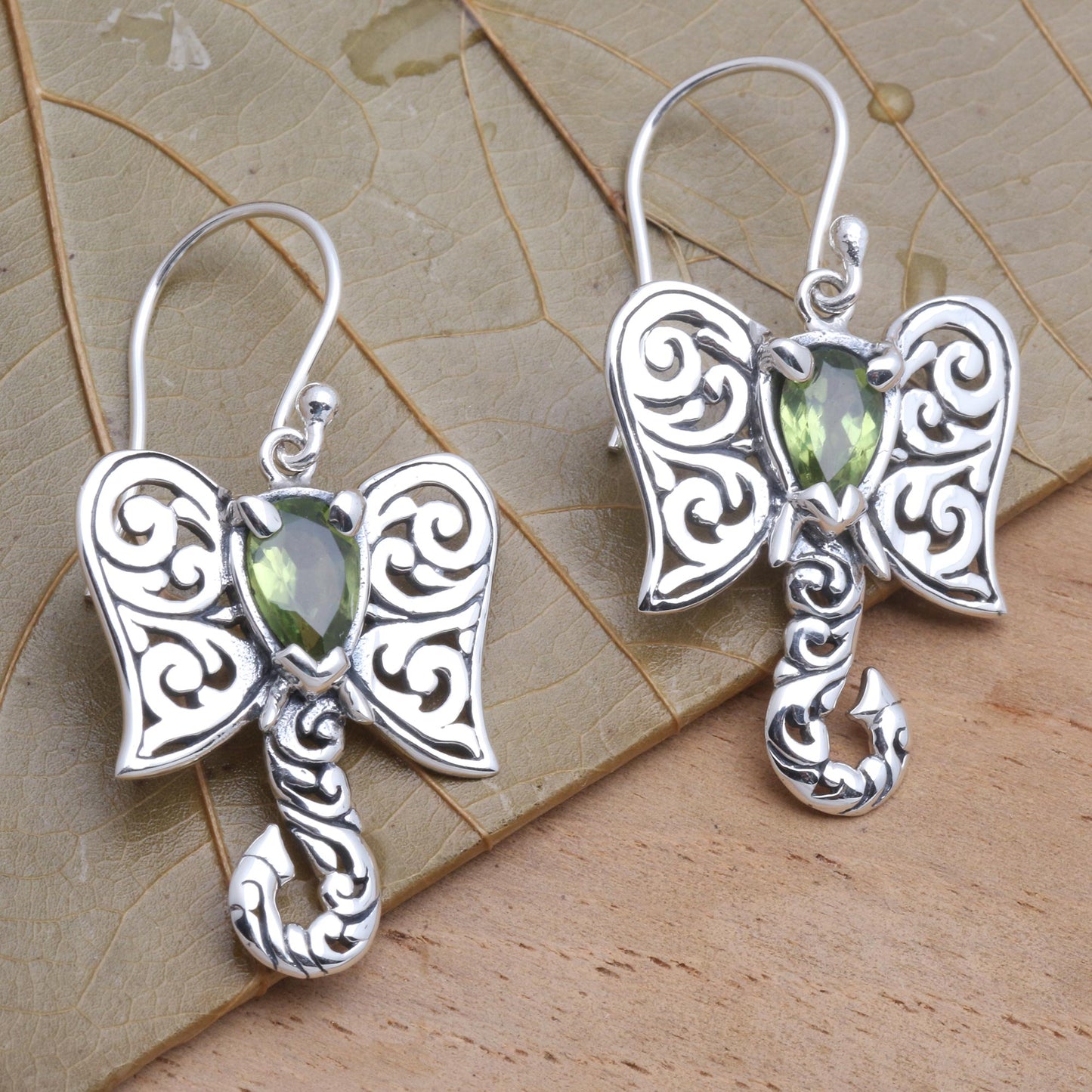 Elephant Fancy Artisan Crafted Balinese Silver Elephant Peridot Earrings